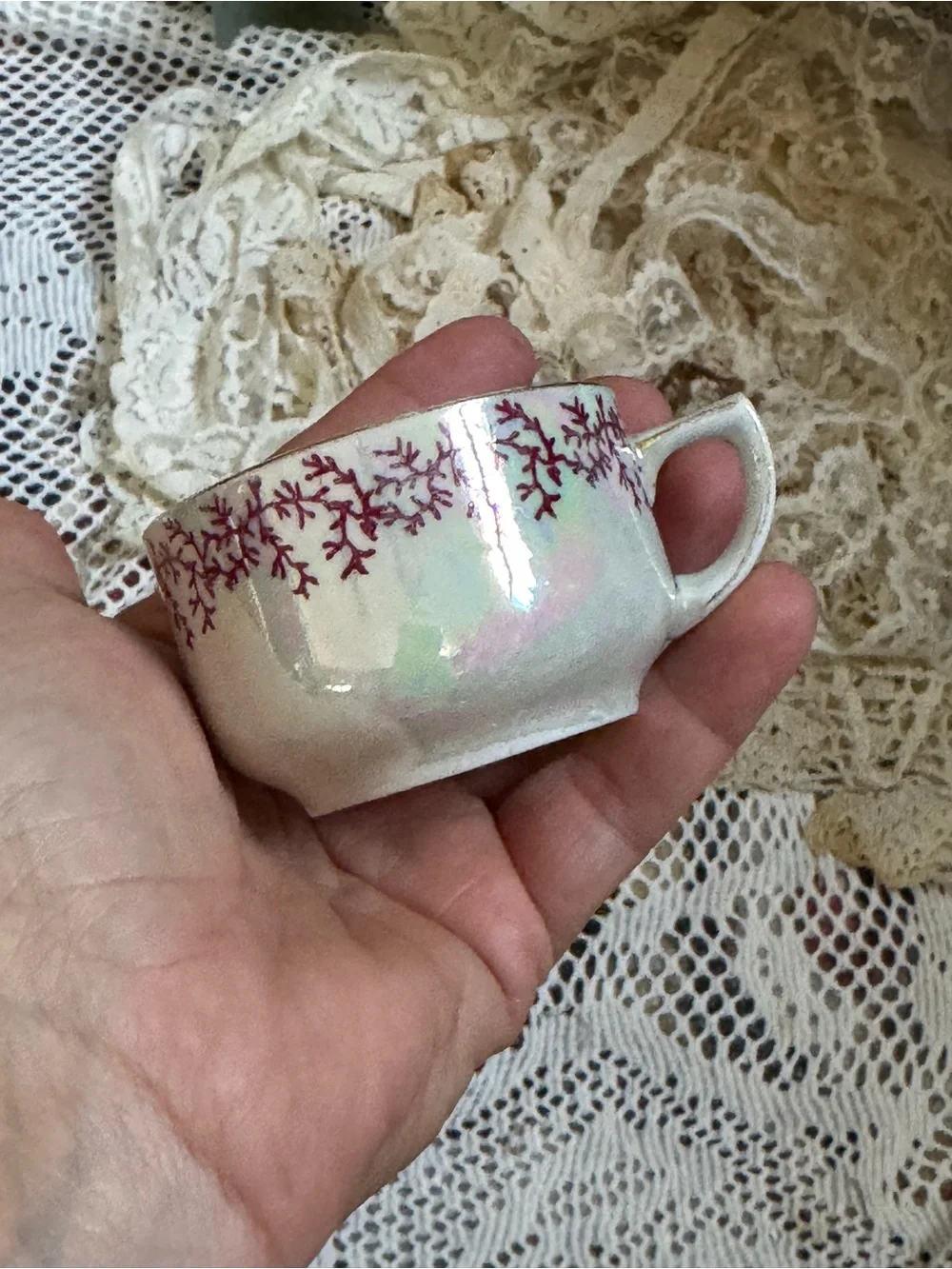 Vintage Iridescent White Demitasse Cup with Burgundy Vine Trim